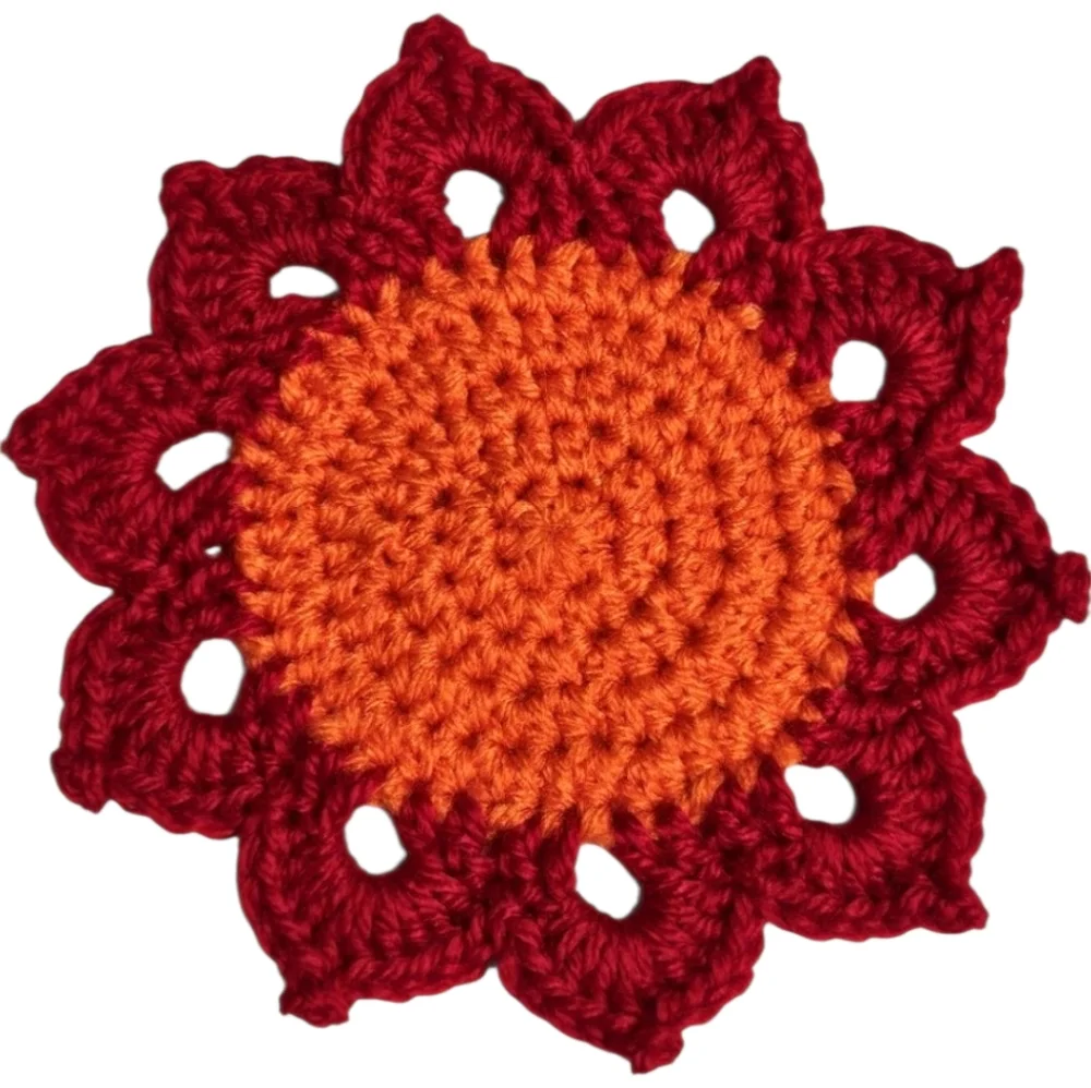 Deep Red and Orange Crochet Sunflower Coasters -Set Of 4-